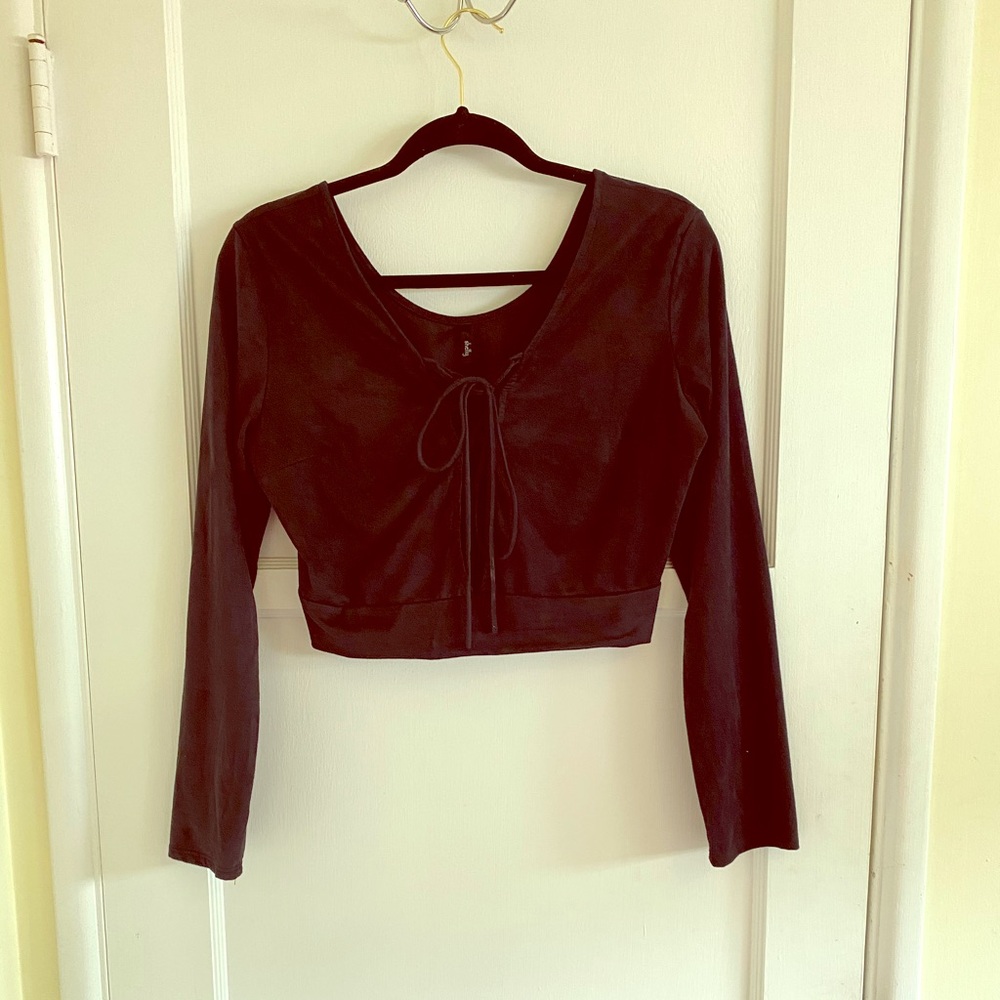 Velvet Long Sleeve Lace Up Crop Top Midnight Blue